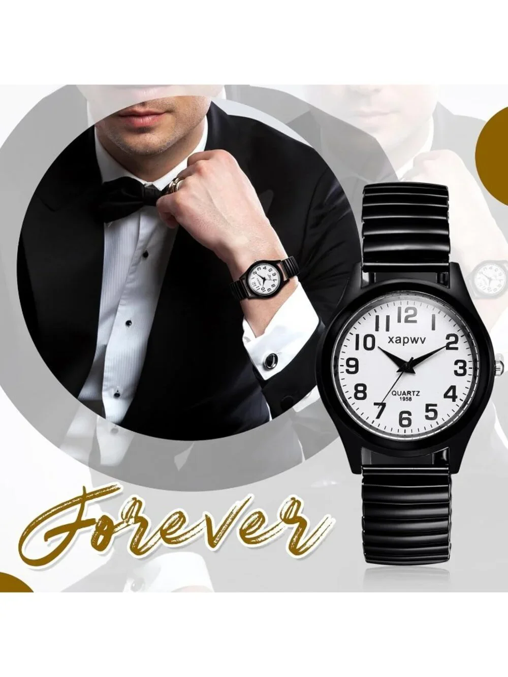 Men's Black White Stretch Band Couple Bangle Ultrathin Elastic Strap Wrist Watch
